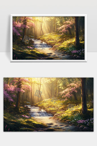 阳光洒落森林小溪春日花海宁静美景