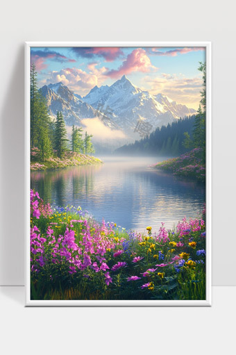 春日雪山湖泊花海景色宁静唯美自然风光