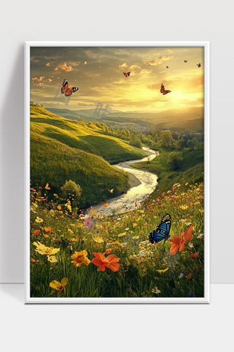 春日山谷蝴蝶飞舞阳光洒满花海溪流蜿蜒美景