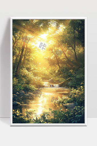 金色阳光洒满清晨森林溪流宁静自然美景