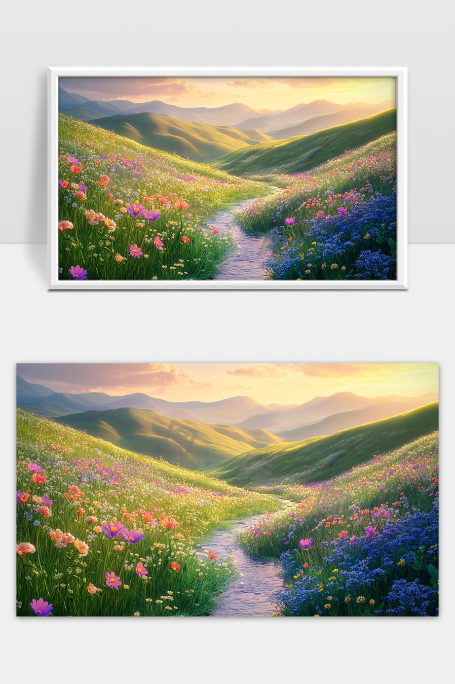 绚丽花海中蜿蜒小径映照宁静山谷美景