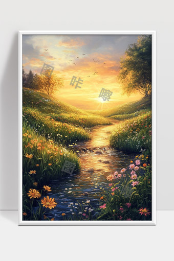 夕阳下溪流花海美景田园自然风光唯美画面