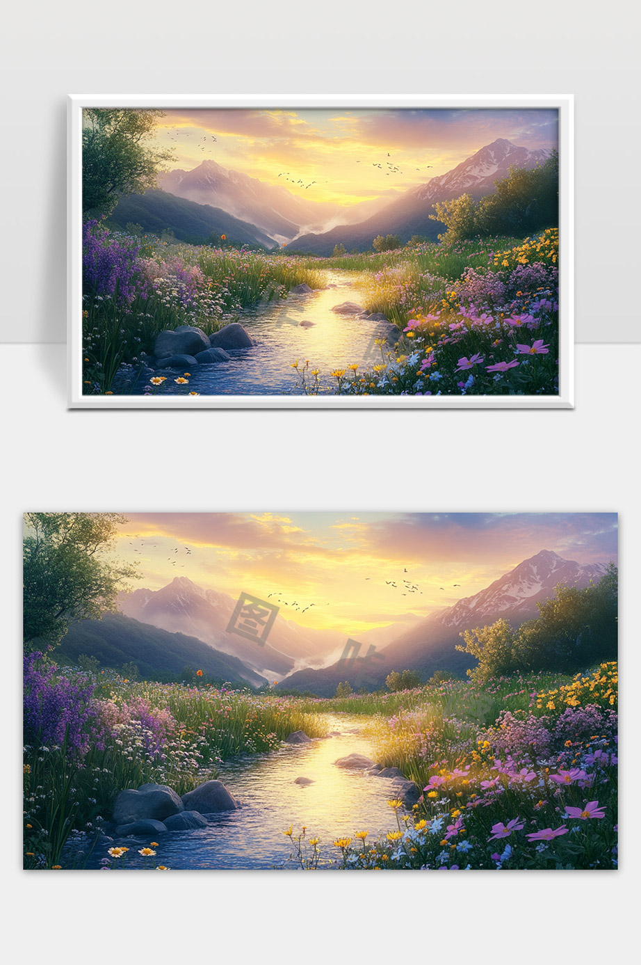 山谷清晨花海绽放溪流映照璀璨晨光