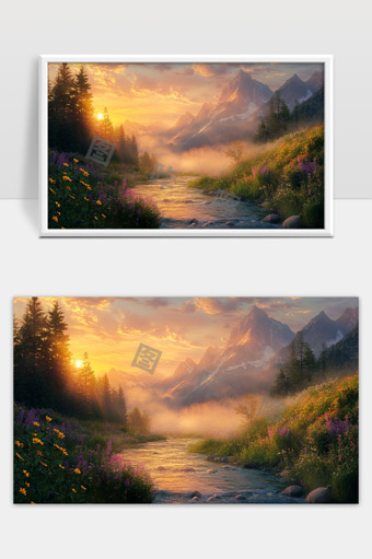 夕阳映照山谷花海溪流宁静自然风光