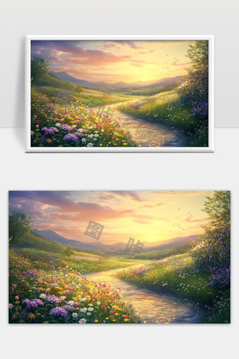 春日晨光下的花海溪流与远山宁静风景