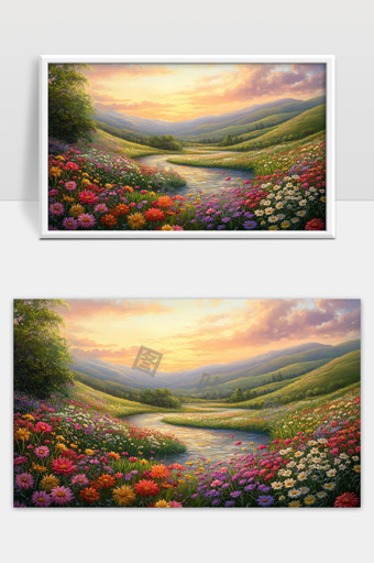 山谷间花海绚丽溪流蜿蜒夕阳映照自然风光