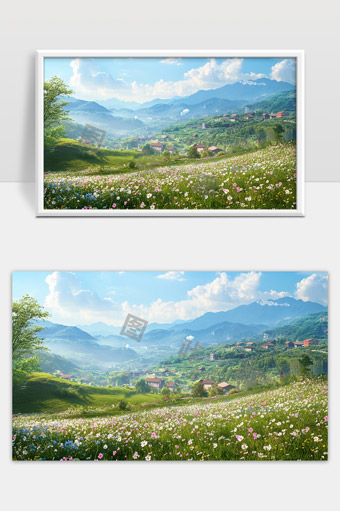 美丽山谷中的花海与蓝天白云风光