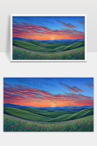 夕阳映照下层叠起伏绿色山丘和盛开花朵的宁静草原风光