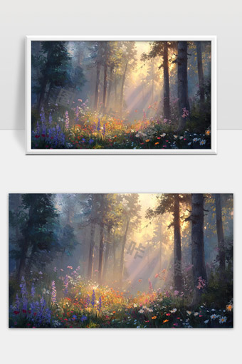 晨光洒落静谧森林花海中的梦幻景象