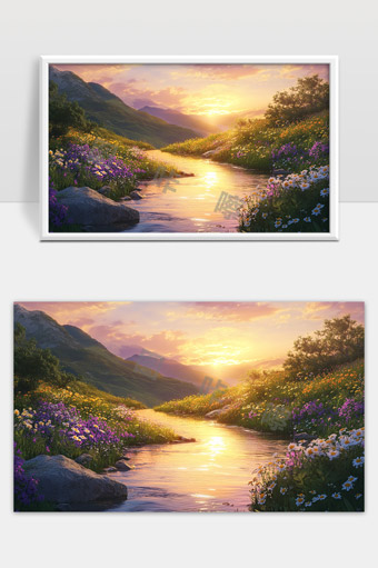 夕阳映照山谷花海静谧溪流美景