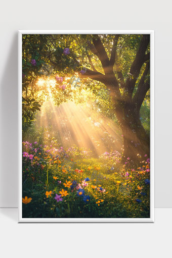 阳光洒落花海树林中晨光温暖自然美景