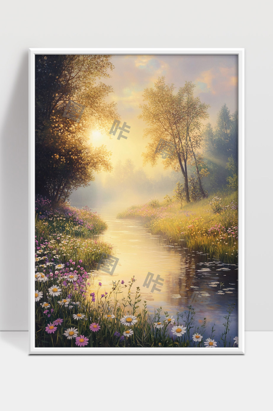 宁静晨光下花海溪流静谧田园风光美景