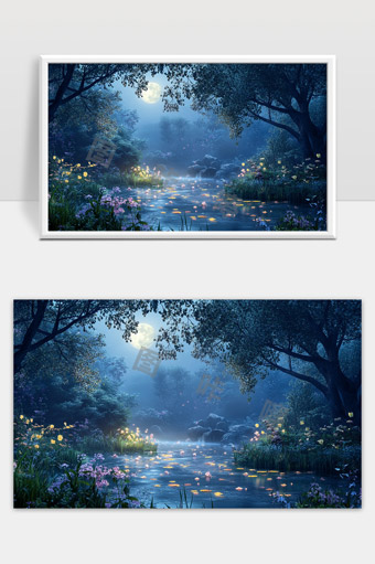 月光下梦幻幽静的森林湖畔花草萦绕自然美景
