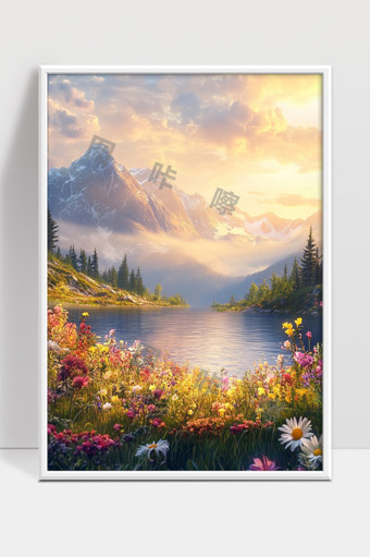 宁静山间湖泊花海晨光美景自然风光唯美画面