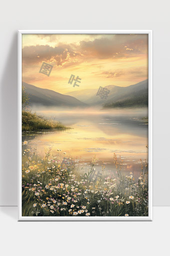 晨雾笼罩下的宁静湖边春日花海风光