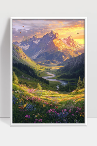 阳光照耀下的绚丽高山花海与蜿蜒溪流