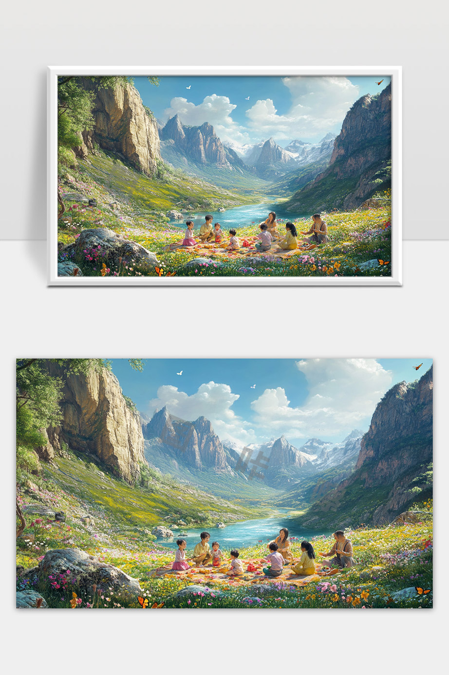 美丽山谷中儿童野餐春天花海自然风光