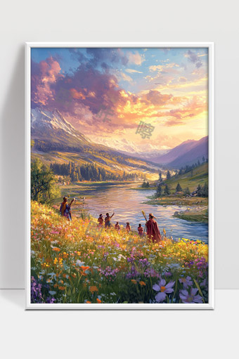 壮丽山谷中牧民春日花海的温暖风光