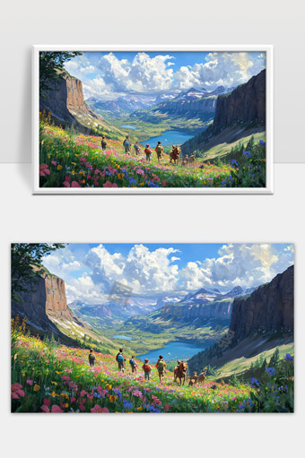 壮丽山谷中的徒步探险春季花海风光