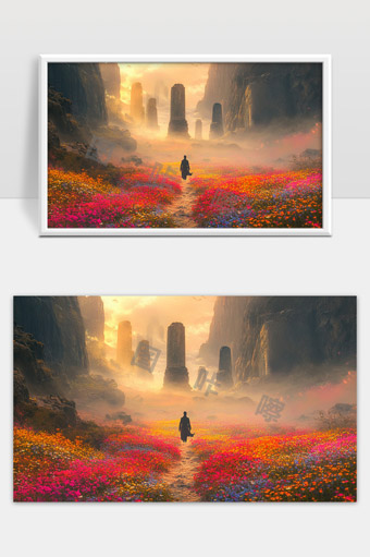 漫步花海中的神秘远古遗迹梦幻景象