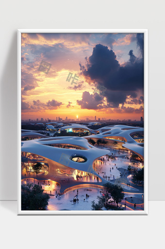 未来感建筑与绚丽日落完美融合的现代城市景观