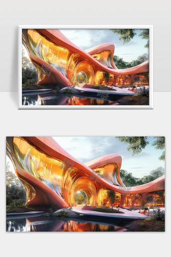 未来感曲面建筑与自然景观和谐共融效果图