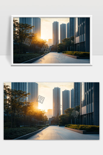 现代城市高楼林立夕阳映照下的街道景象