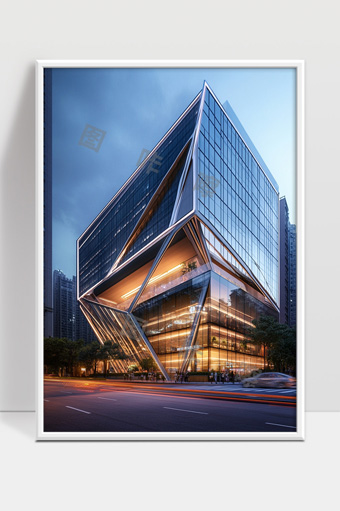 现代城市中独特几何造型的玻璃办公楼夜景