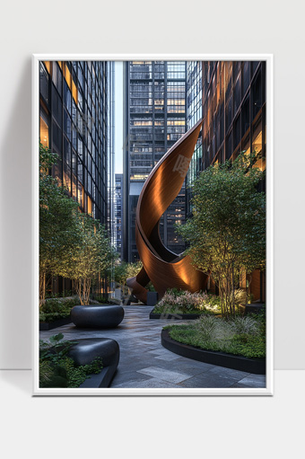 现代城市中央公园内独特雕塑与绿植景观设计