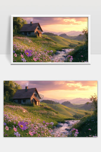 山间小屋晨光下的花海与溪流美景