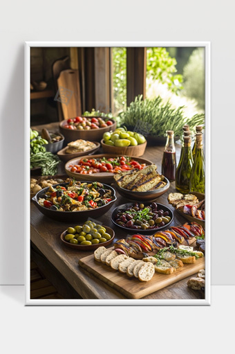 丰富多样的地中海风味美食与新鲜食材摆盘展示
