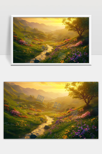 阳光洒落山谷花海溪流春日美景