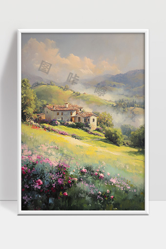 宁静山谷中的乡村别墅春日花海景致