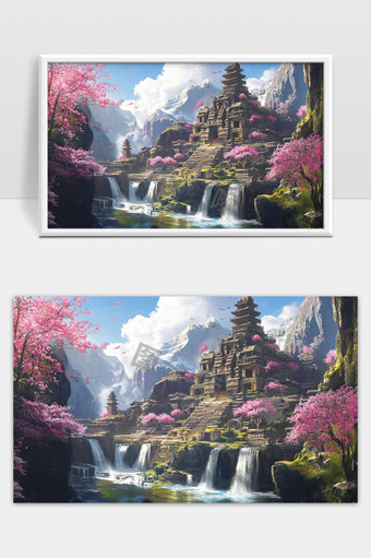 古老庙宇环绕粉色樱花雪山瀑布宁静自然风光