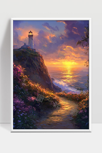 灯塔海边夕阳辉映花海小径宁静唯美景色