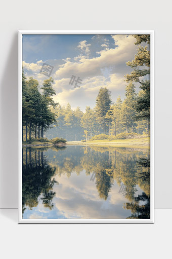 宁静湖泊森林倒影蓝天白云自然美景