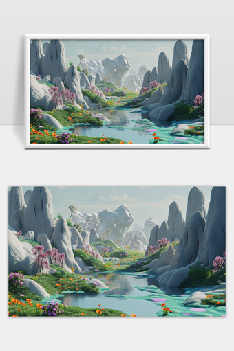 梦幻山谷中的清澈溪流与绚丽花海自然风光