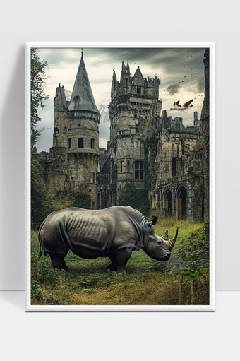古堡废墟中神秘犀牛悠然漫步的奇幻景象