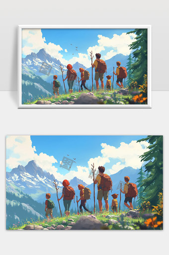 壮丽山谷中一家人徒步探索自然美景