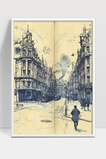 复古欧洲街道建筑速写与行人风景画