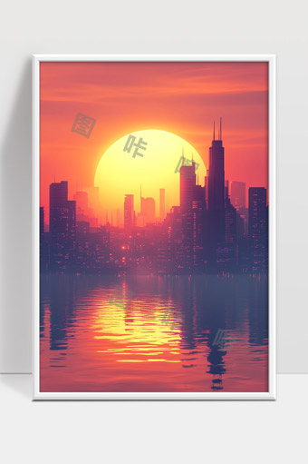 夕阳映照城市天际线水面倒影绚丽景象