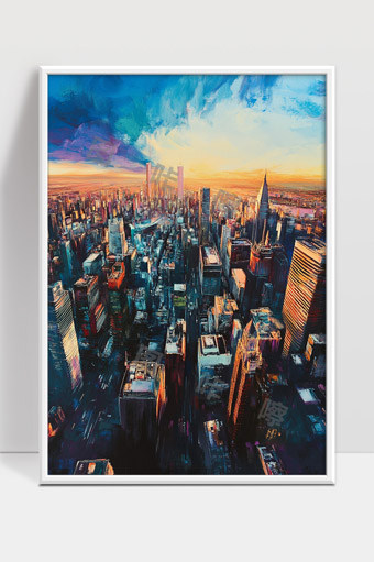 现代城市高楼林立夕阳映照都市风光