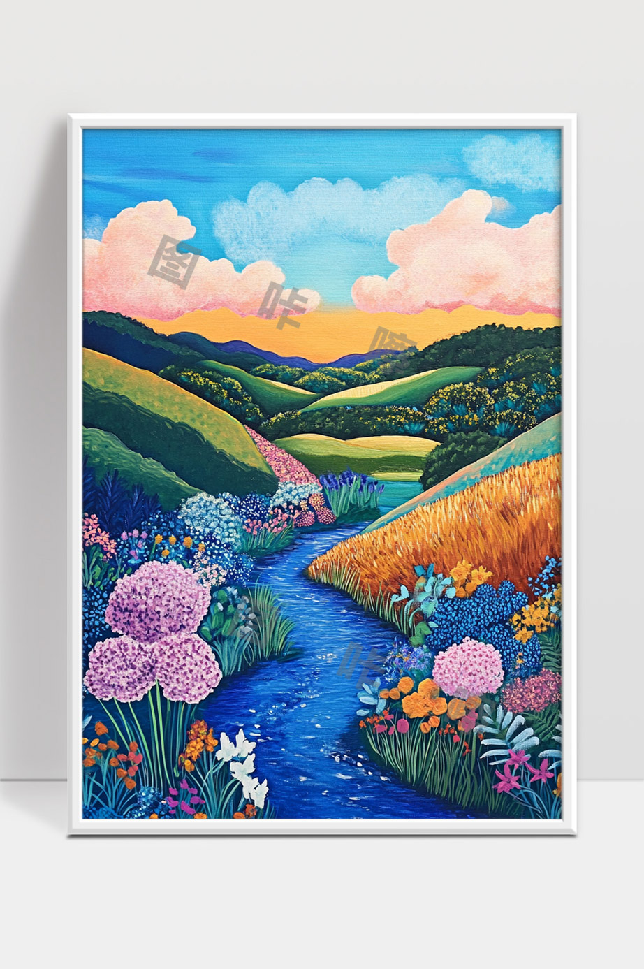 美丽山谷中五彩斑斓的花海与蜿蜒小溪风景画