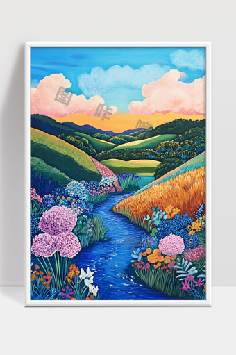 美丽山谷中五彩斑斓的花海与蜿蜒小溪风景画