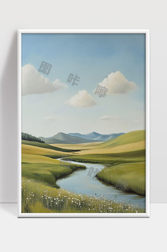 宁静溪流穿越绿野山谷蓝天白云平静自然风光