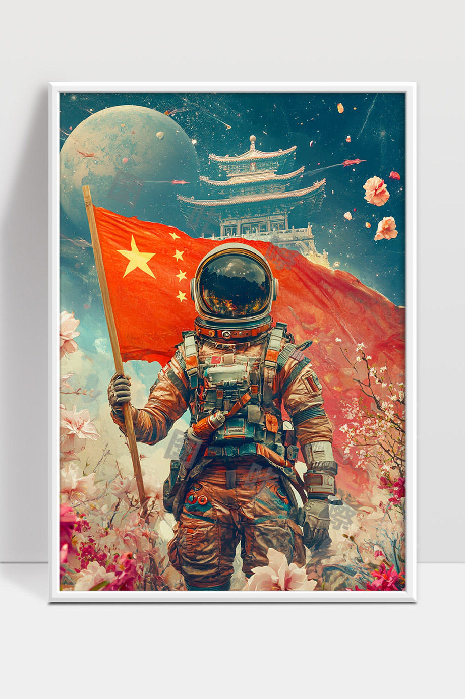 太空宇航员手持五星红旗国庆盛典梦幻画面