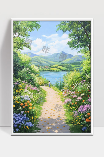 春日湖边花海小径宁静自然风光美景