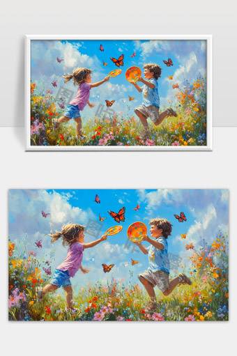 阳光花海中童年快乐追逐蝴蝶的美好时光