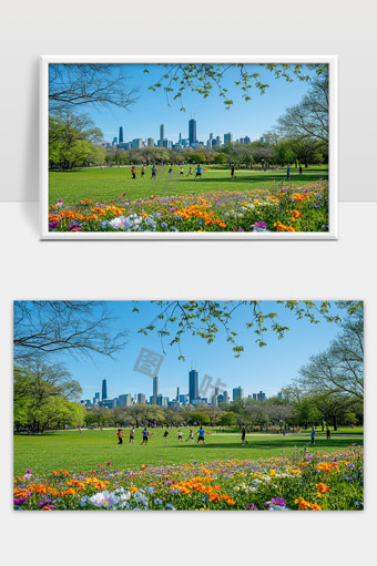 春日公园花海与城市天际线和谐共融美景