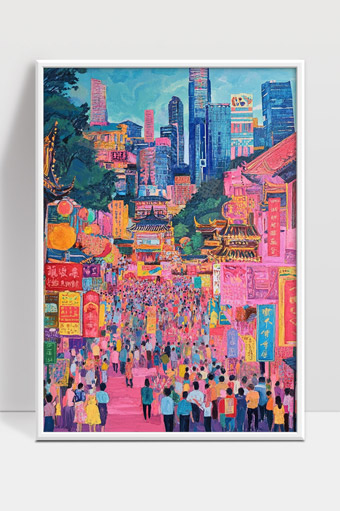 繁华都市中传统文化与现代生活交织的街景画